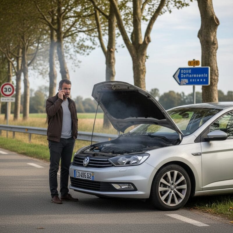 Automobiliste au téléphone devant sa voiture en panne sur une route française