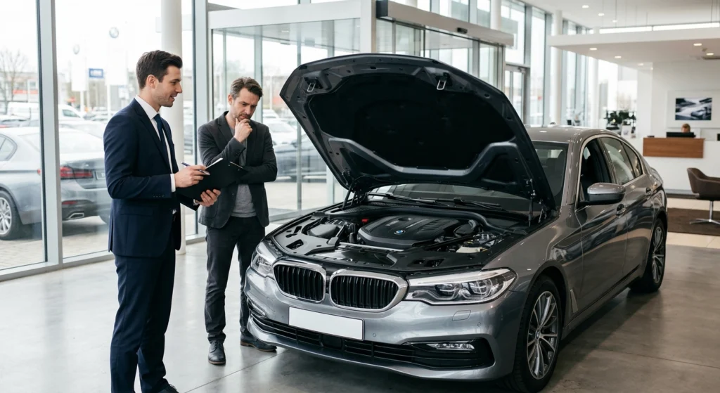 Concessionnaire automobile inspectant une voiture en panne avec un client - reprise et alternatives