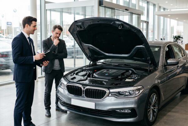 Concessionnaire automobile inspectant une voiture en panne avec un client - reprise et alternatives
